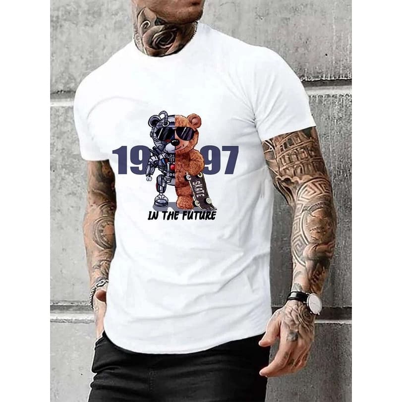 Camiseta Masculina Algodão 30.1 Estampada Camisa Masculina Urso Robotico