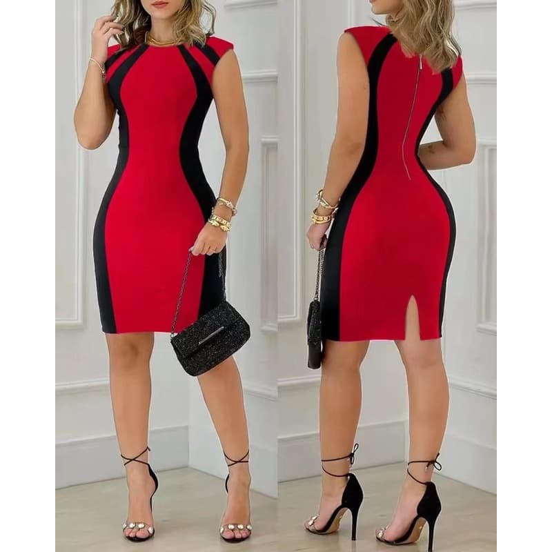 Moda Feminina Vestido De Com Pescoço Redondo Sem Alças Bodycon Mini Zíper 2023 Summer Colorblock Back Split Party Lady Slim Pencil Dress
