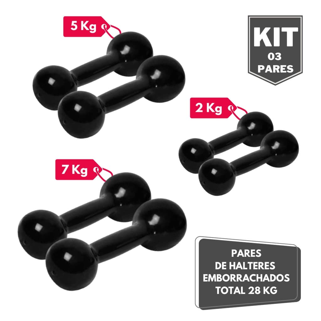 Kit Par Halter Bola Emborrachado 2 5 e 7 Kg - Total 28 Kg
