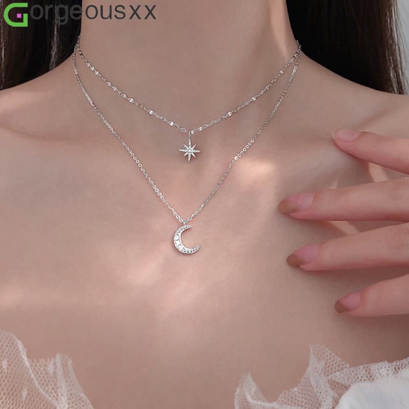Moda Simples Colar Estrela Da Lua De Dupla Camada De Encanto Lunar Cadeia De Clavícula De Zircônio Requintado Para