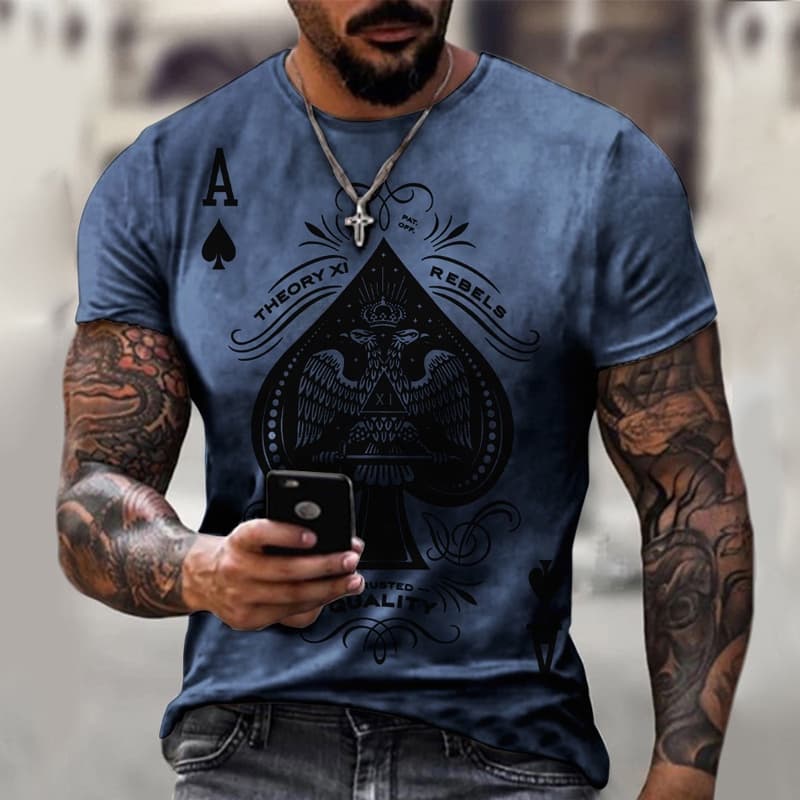 Camiseta Masculina Impressão 3D Ás De Espadas Creative Retro Poker Street Short Sleeve Fashion Trend Casual Custom