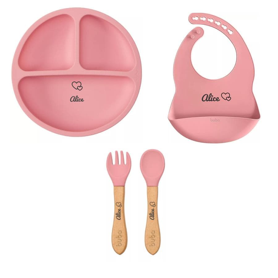 Kit Alimentacao Personalizado Em Silicone Buba Rosa