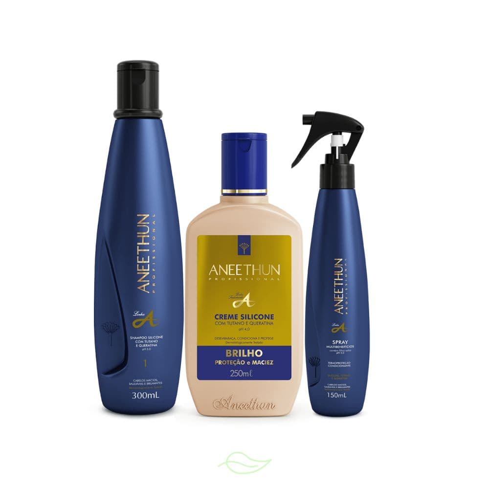 KIt Aneethun Linha A Shampoo, Creme de Silicone e Spray