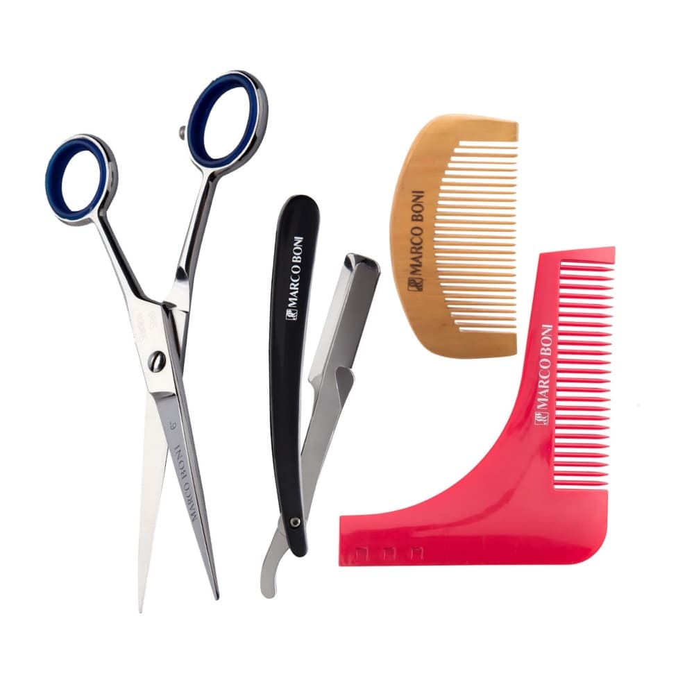 KIT TESOURA FIO LASER 7" + NAVALHETE + 2 PENTES MADEIRA ALINHADOR MARCO BONI