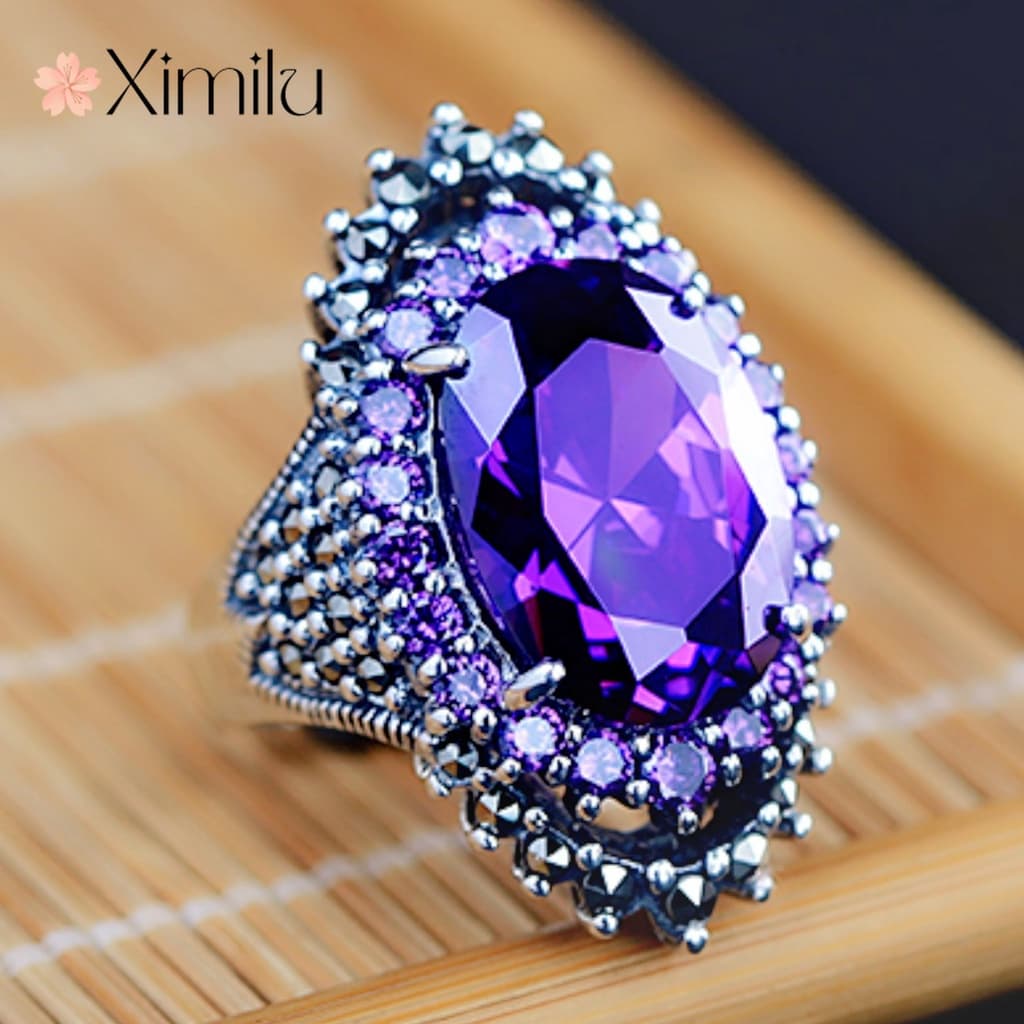 ♥ Prata Tailandesa Original Preto Retro Ametista Anel Feminino Minério Dragão Púrpura Cristal Grande Jóias Gemas