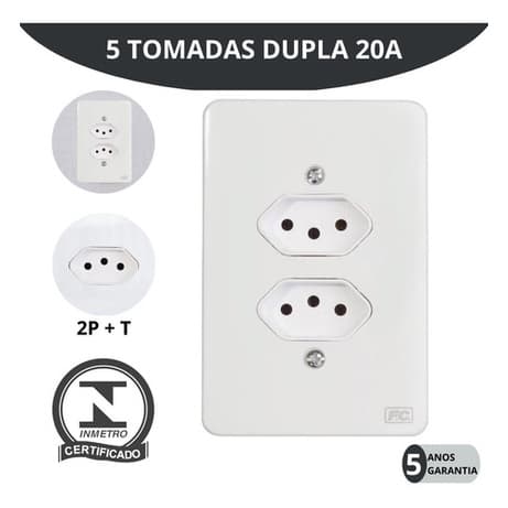 Kit 5 Conjuntos Tomada Dupla 20a 2p+t Espelho Branco 4x2