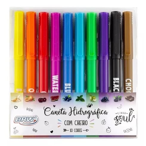 Canetinha hidrográfica com cheiro - blister c/ 10 cores (Amarelo, Laranja, Vermelho, Rosa, Azul Escuro, Azul, Verde, Rox