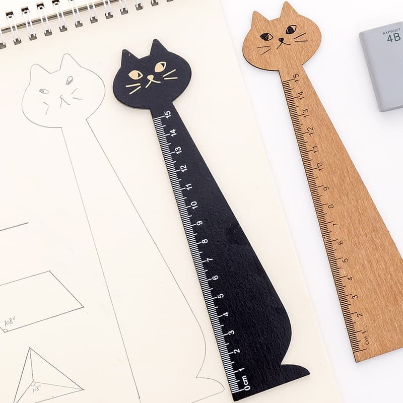 Régua de marcador de madeira de gato fofo, 15cm, escala precisa, medição de estudante, marca de leitura, ferramenta útil