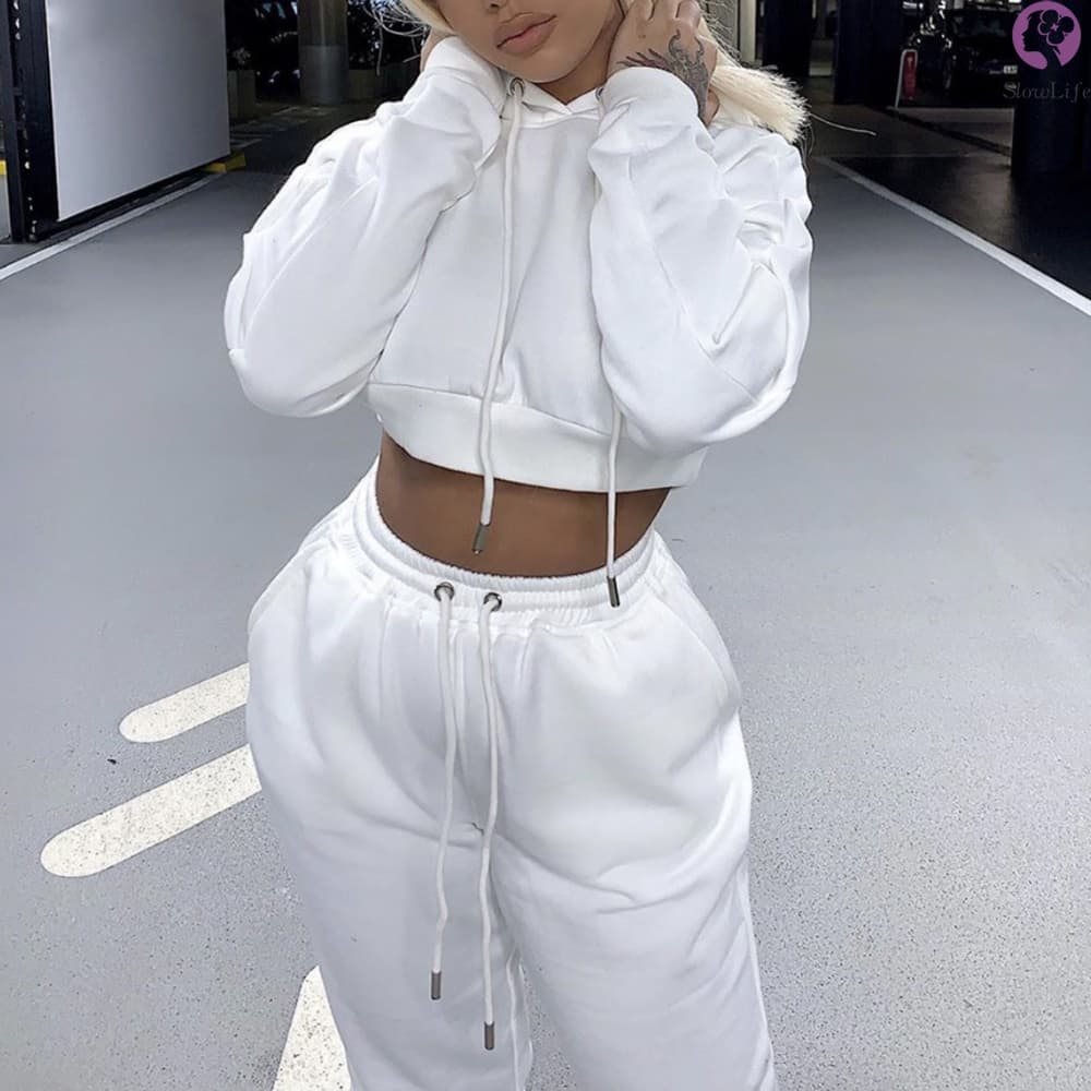 Conjunto De Moletom Feminino De 2 Peças Esportivo Aberto Navel Hoodie Tops E Calças Joggers Cor Lisa Para Menina De Mang