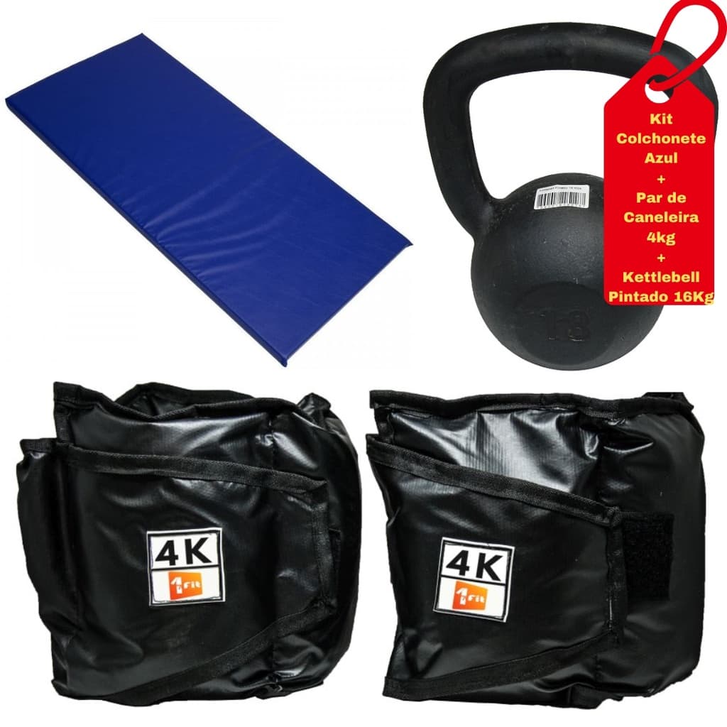 Kit Colchonete Azul+Par de Caneleira 4Kg+kettlebell Pintado 18kg