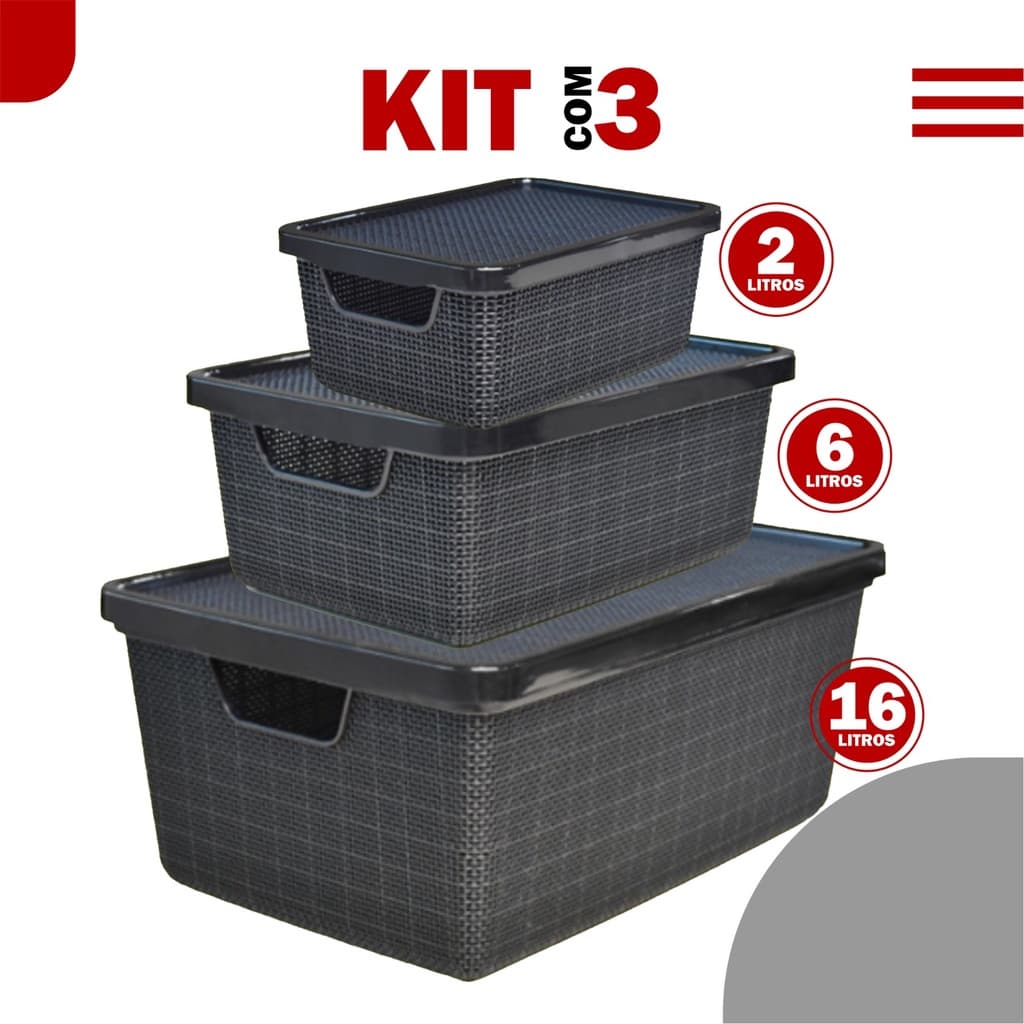 Kit 3 Caixas/cesto Organizador Jutta 2l, 6l E 16l Preto  Cesto Organizador Gavetas Guarda-Roupas Armario Brinquedos