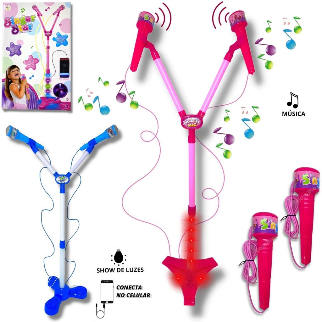 Microfone Duplo Infantil C/ Pedestal Conecta No Celular Cabo