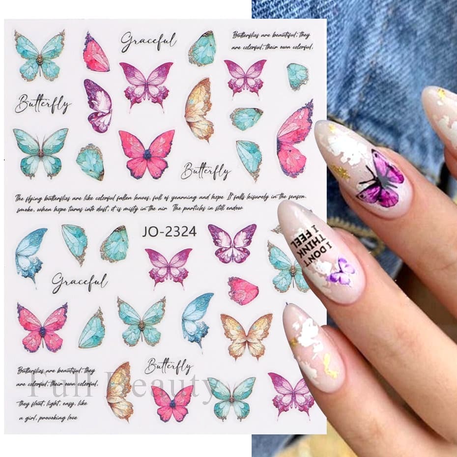 Adesivos de unhas artificiais de borboleta 3D elegantes e coloridos em estilo retrô | Vários designs disponíveis