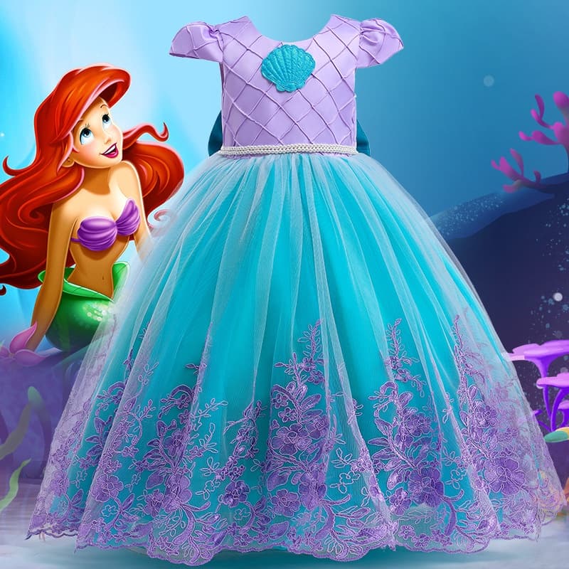 Sereia Meninas Princesa Vestido De Verão Renda Malha Longa Estilo Big Bow Party Natal Presente Roupas Infantis