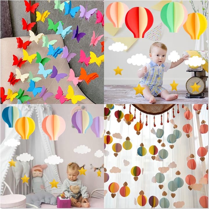 Suprimentos Para Festa De Aniversário 3D Papel Colorido Borboleta Flor Banner Nuvem Bunting Pingente Decoração De Classe