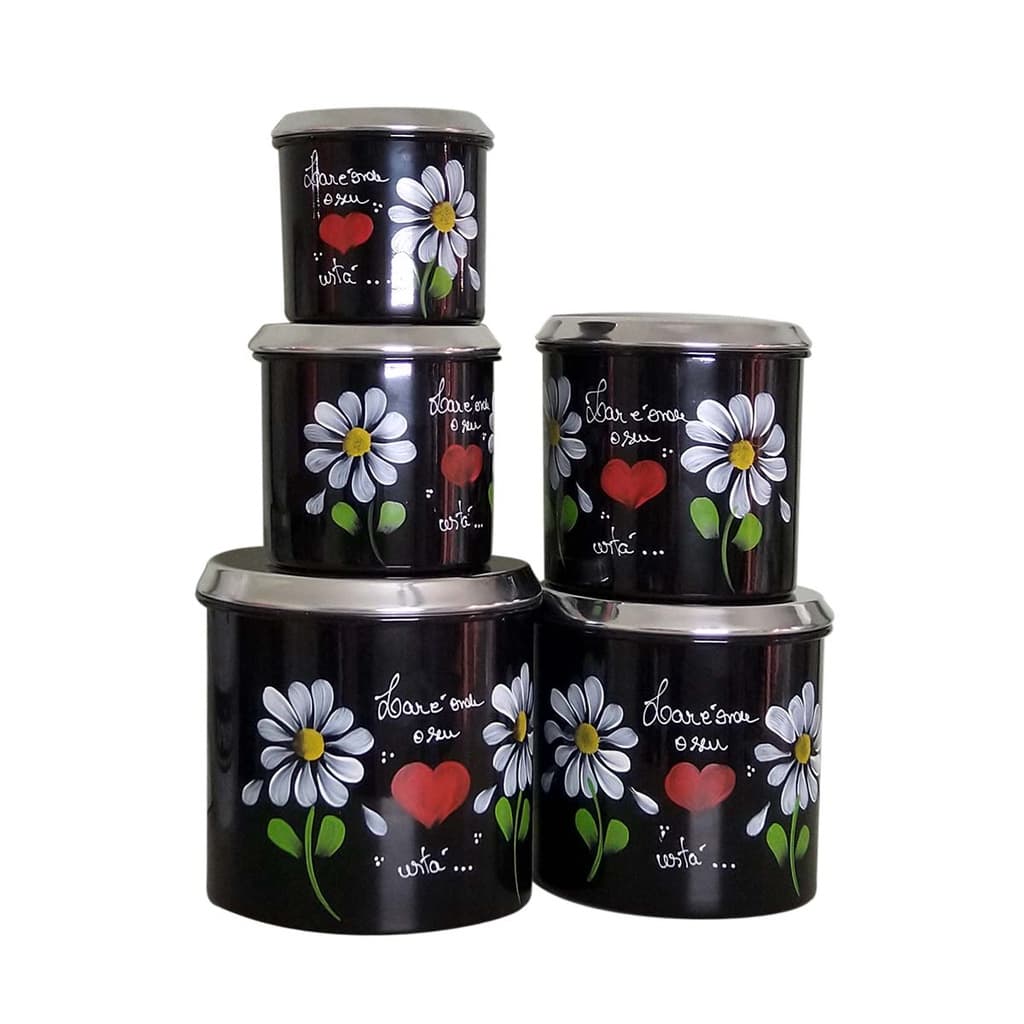 Kit 5 Latas Alumínio Pintado e Polido Decorado à Mão Lavável que Não Enferruja