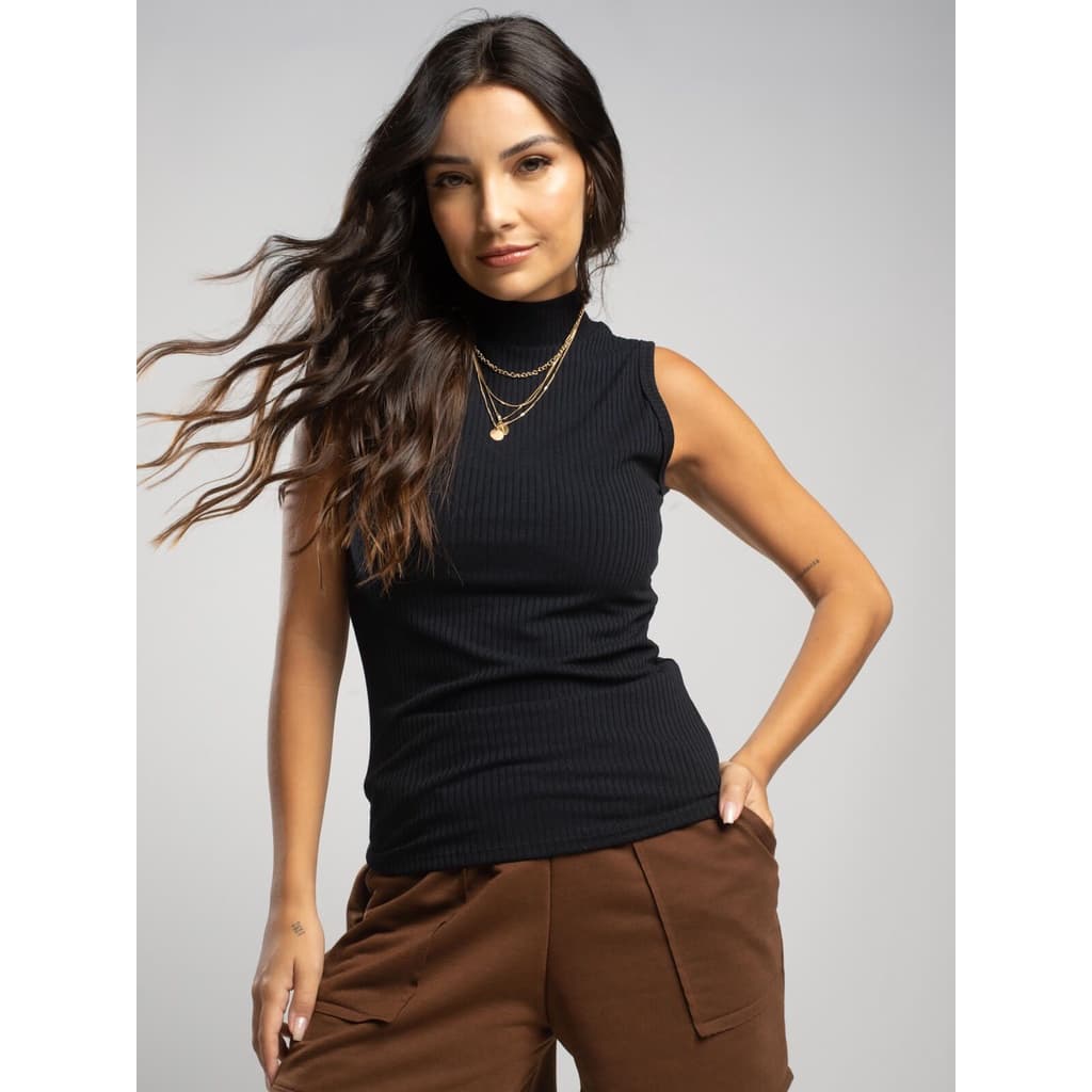 Regata Básica Gola Alta Canelada Feminina Moda Casual