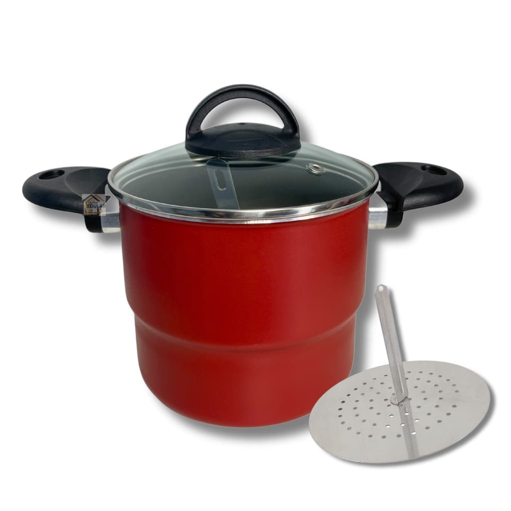 Cuscuzeira 16 cm 5 Camadas Antiaderente Teflon com Tampa de Vidro Cor Vermelho