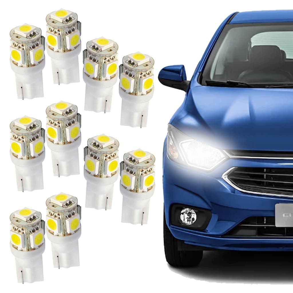 Kit com 10 Lâmpadas de Led Caminhão T10 Pingo 24 Volts 5 Leds Luz Branca Para Carro