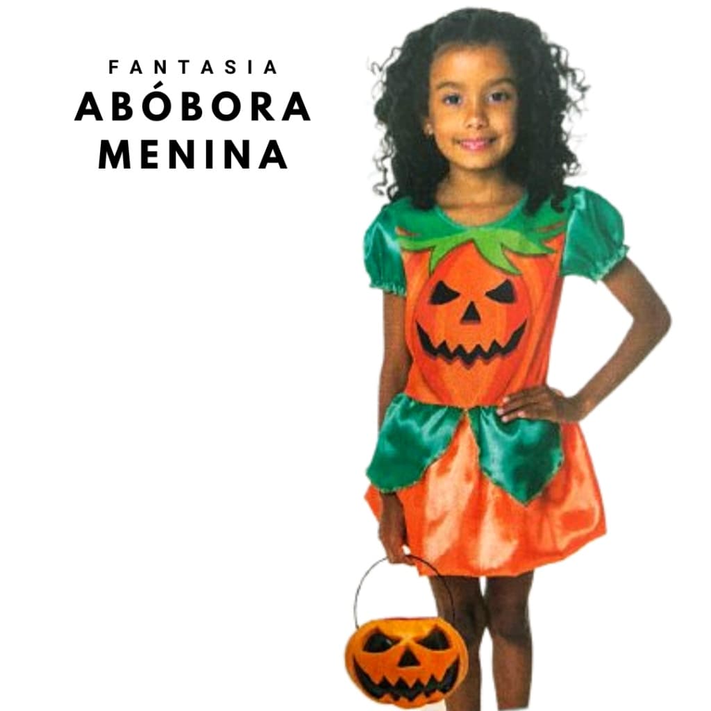 Fantasia Menina Abóbora Halloween com Balde de Abóbora