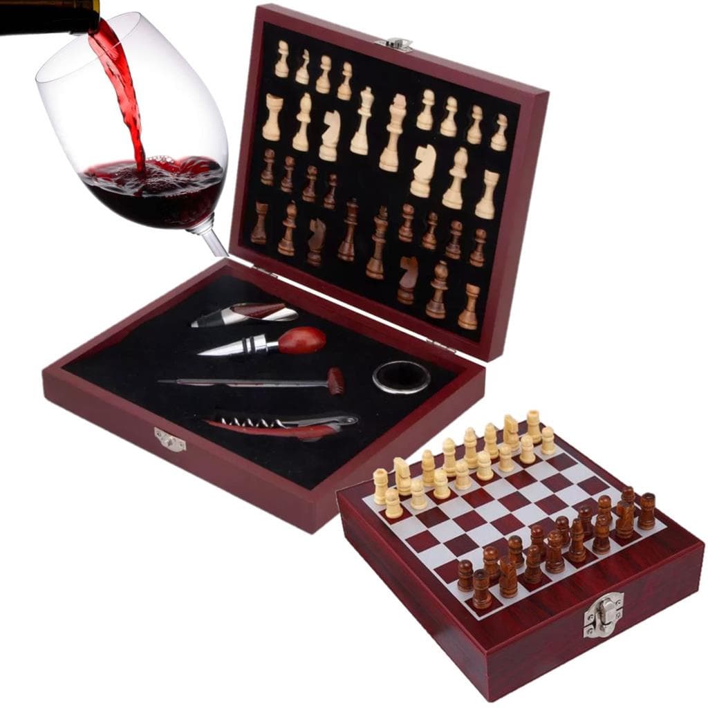 Kit Abridor De Vinho Saca Rolhas 6 Pecas Com Jogo De Xadrez Maleta Luxo