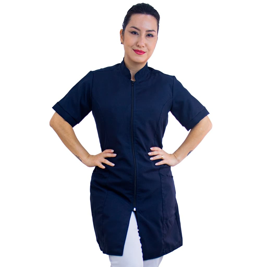 Jaleco Oxford Zíper Manga Curta Azul Marinho Profissional Salão de Beleza Esteticista
