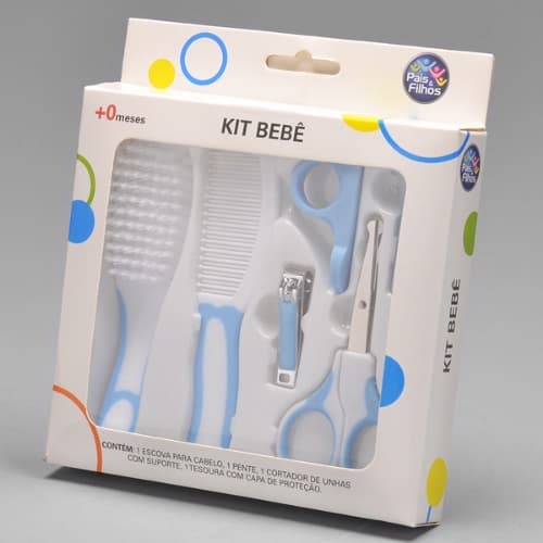 Kit Higiene Bebê Azul Pais e Filhos 4 Peças - Escova, Pente, Tesoura e Cortador