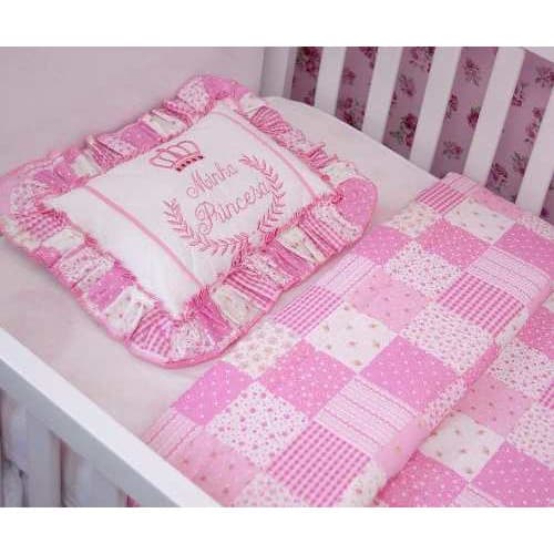 Edredom para berço de Bebe Rosa Patchwork + Almofadinha Bordada 2pç 100% Algodão