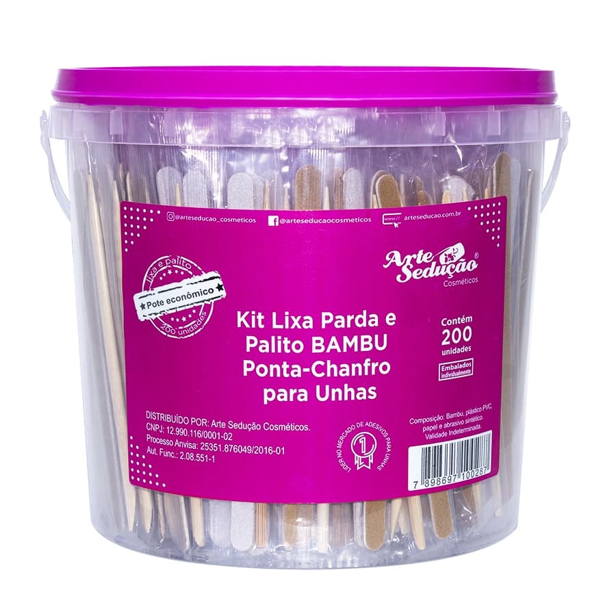 Kit 200 Lixa Parda e Palito de Bambu Ponta e Chanfro para Unhas Arte Sedução Manicure Pedicure Nail
