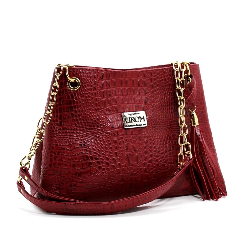 Bolsas Femininas Couro Legítimo Croco Lirom Alça Corrente Dourada Luxuosa