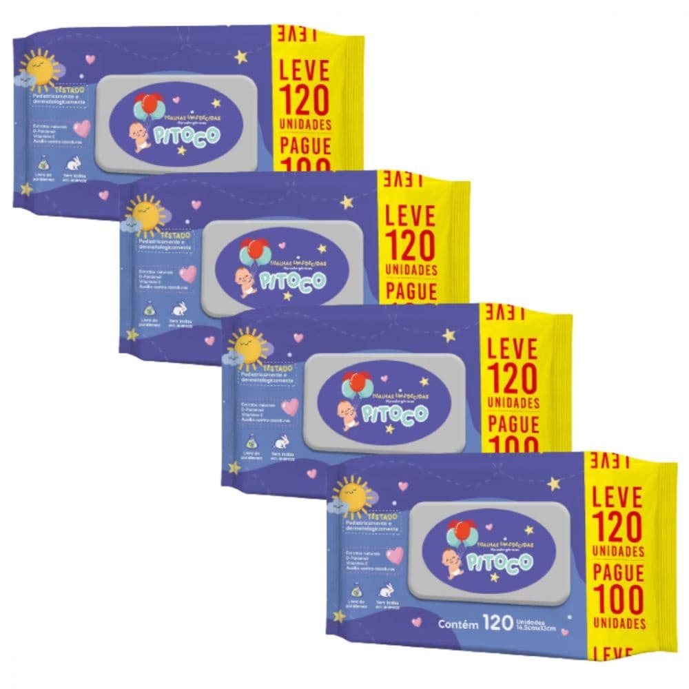 Kit com 4 Unidades Pitoco Toalhas Umedecidas Hipoalergênicas 120 Unidades