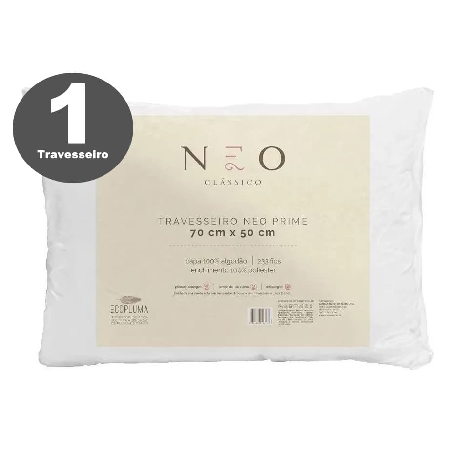 Travesseiro Neo Prime Ecopluma Percal Algodão 233 Fios 50x70 Toque Pluma de Ganso Camesa Lavável