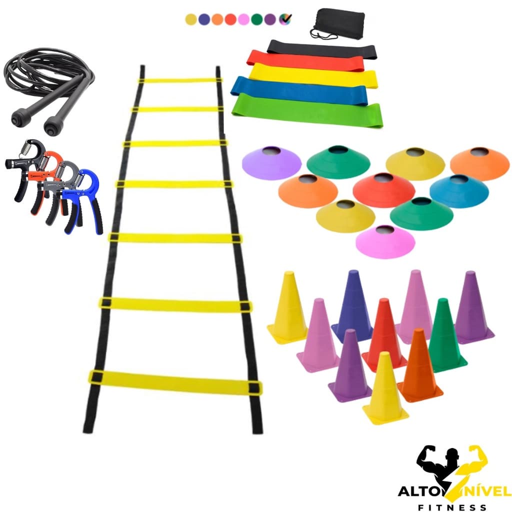 Kit Treino Escada 7 Degruas 10 Cones 10 Chapéus 5 Faixas Mini Bands 1 Hand Grip 1Corda de Pular Pvc