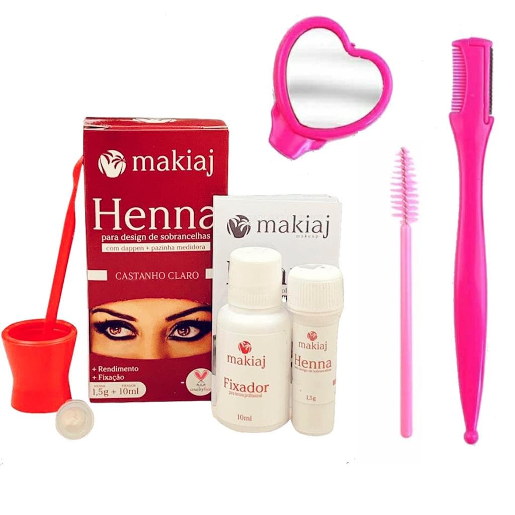 Kit Designer Sobrancelhas Henna Makiaj Escova Navalha Escovinha Sombrancelhas Renna Espelho Coracao