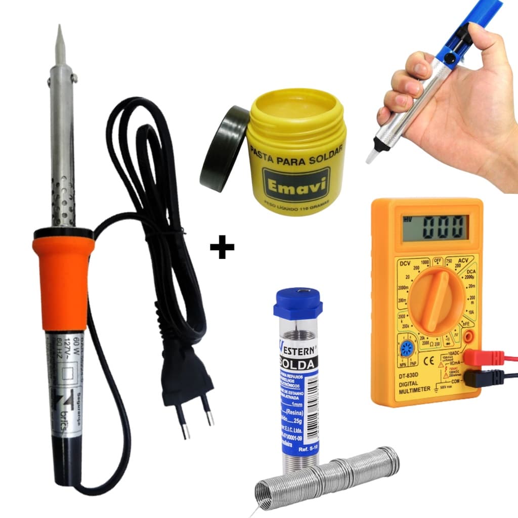 Kit Ferro De Solda Soldador 110v ou 220v 60w Estanho, Pasta, Sugador, Multímetro