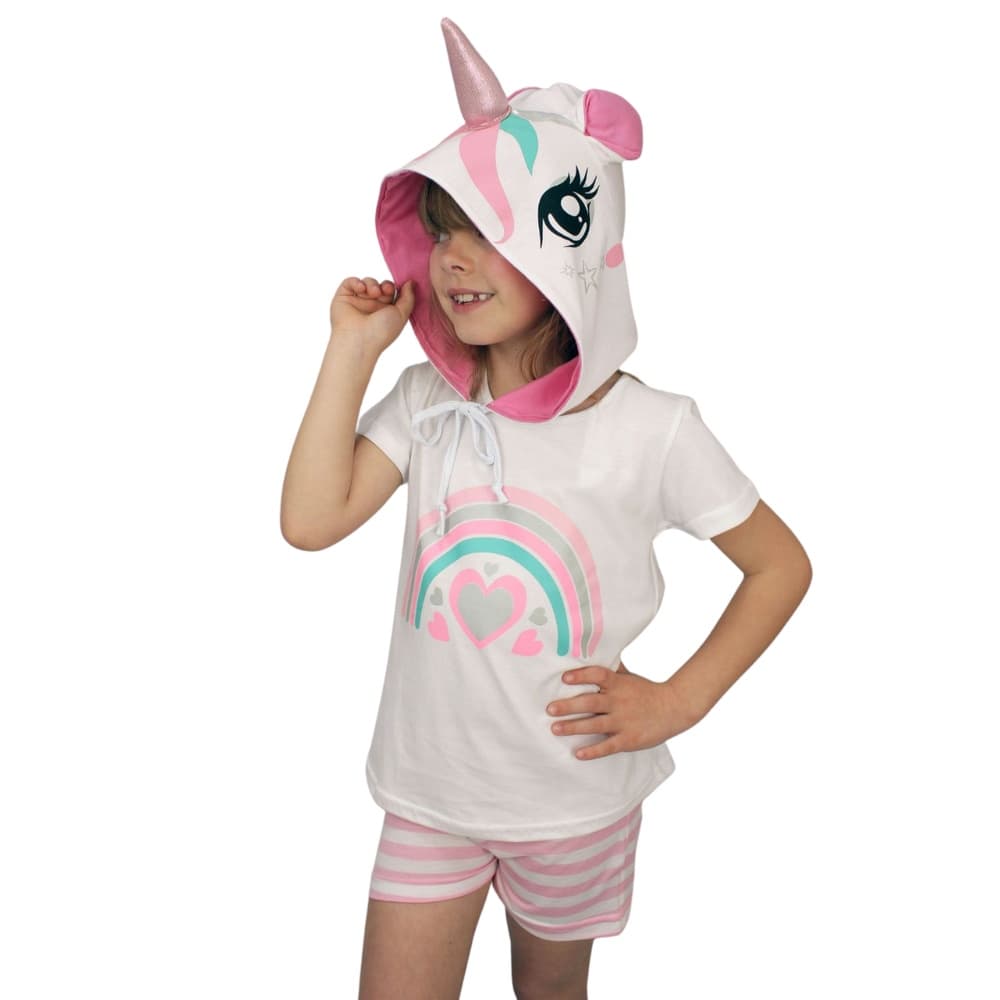 Conjunto e Pijama Verão Feminino Infantil Unicórnio Capuz Brilha no Escuro