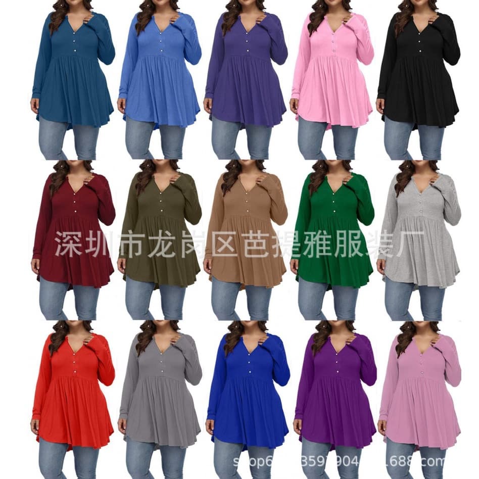 2023 Amazon eBay Europa e América comércio exterior outono e inverno novo decote em V dobras femininas de manga comprida cor sólida T-shirt plus size