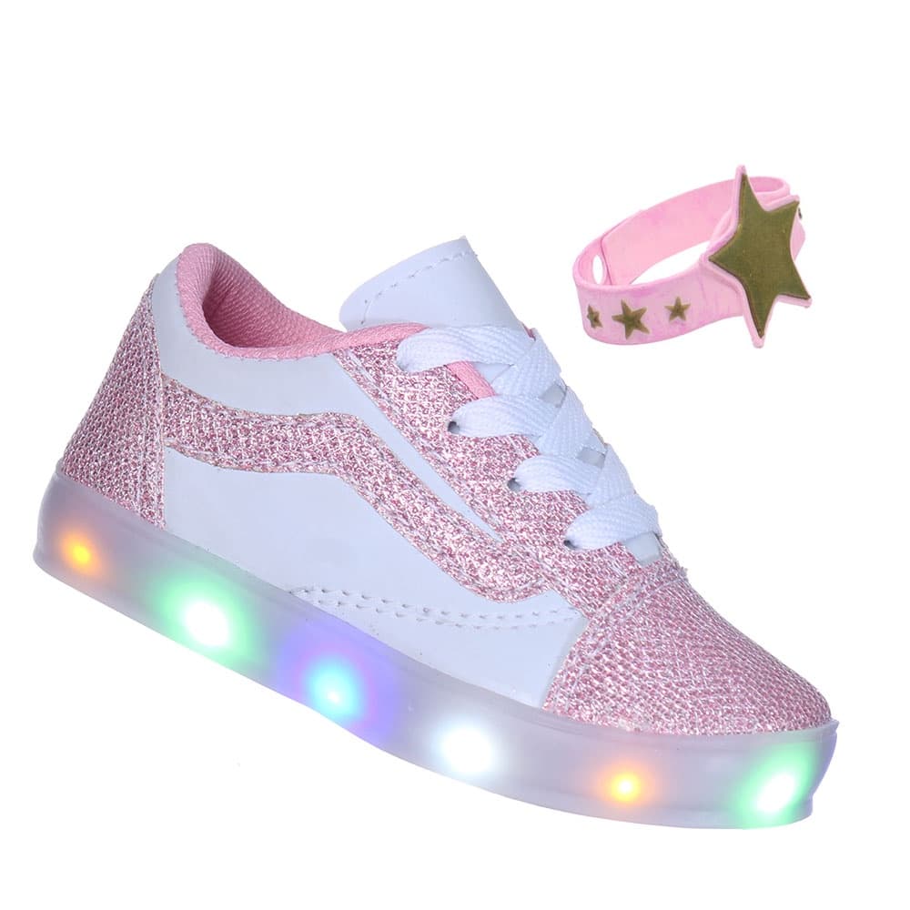 Tenis sapato com luzinha pisca pisca led bebe infantil glitter branco rosa