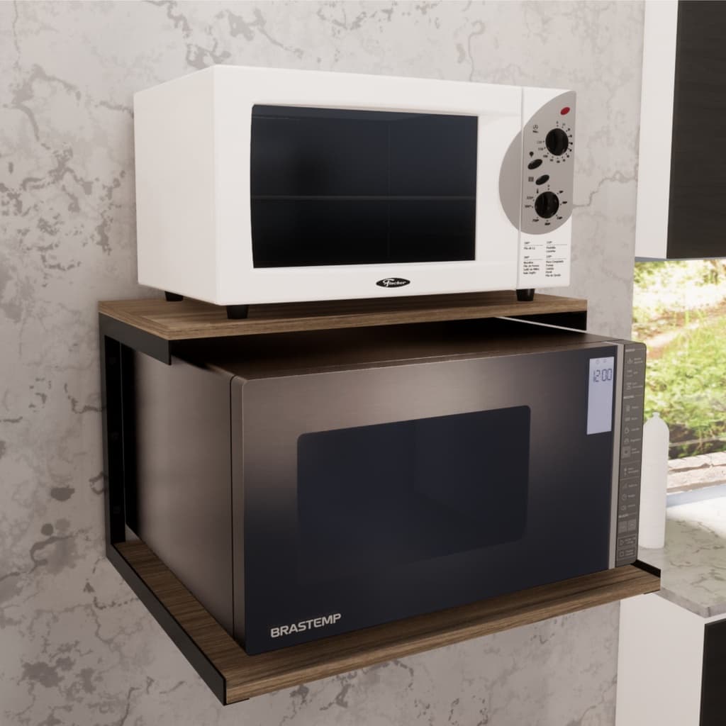 Prateleira industrial nicho suporte organizador forno eletrico microondas cozinha dupla 45x60cm preto