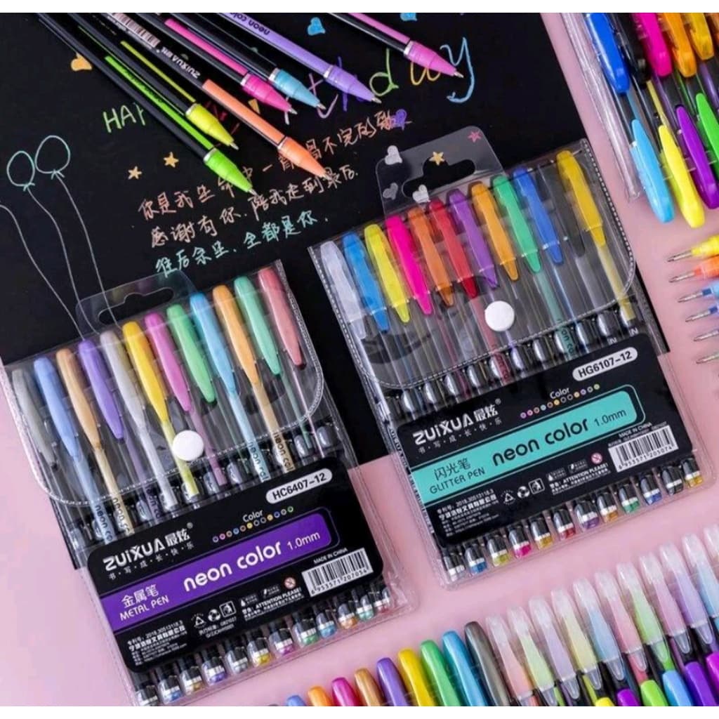 Kit c/12/24 Canetas Gel Cores Glitter, Metálica
