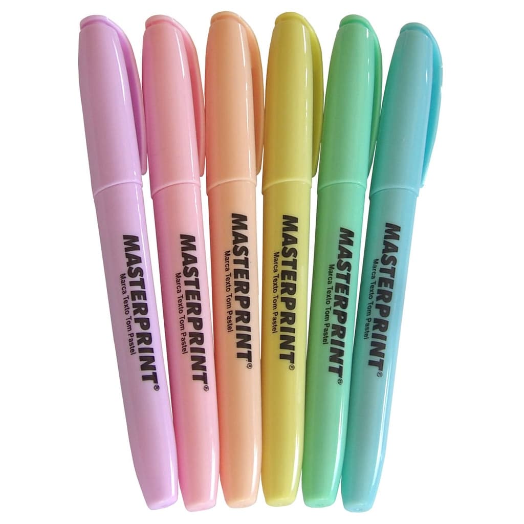 Kit 6 Cores Caneta Marca Texto Tom Pastel com Ponta Chanfrada Masterprint MP612
