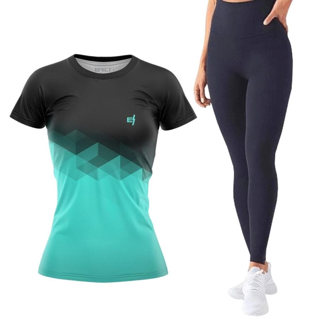 Kit Camiseta Academia Fitness Feminina Calca Legging Lisa Cos Alto Preto e Cinza Empina Bumbum Gross