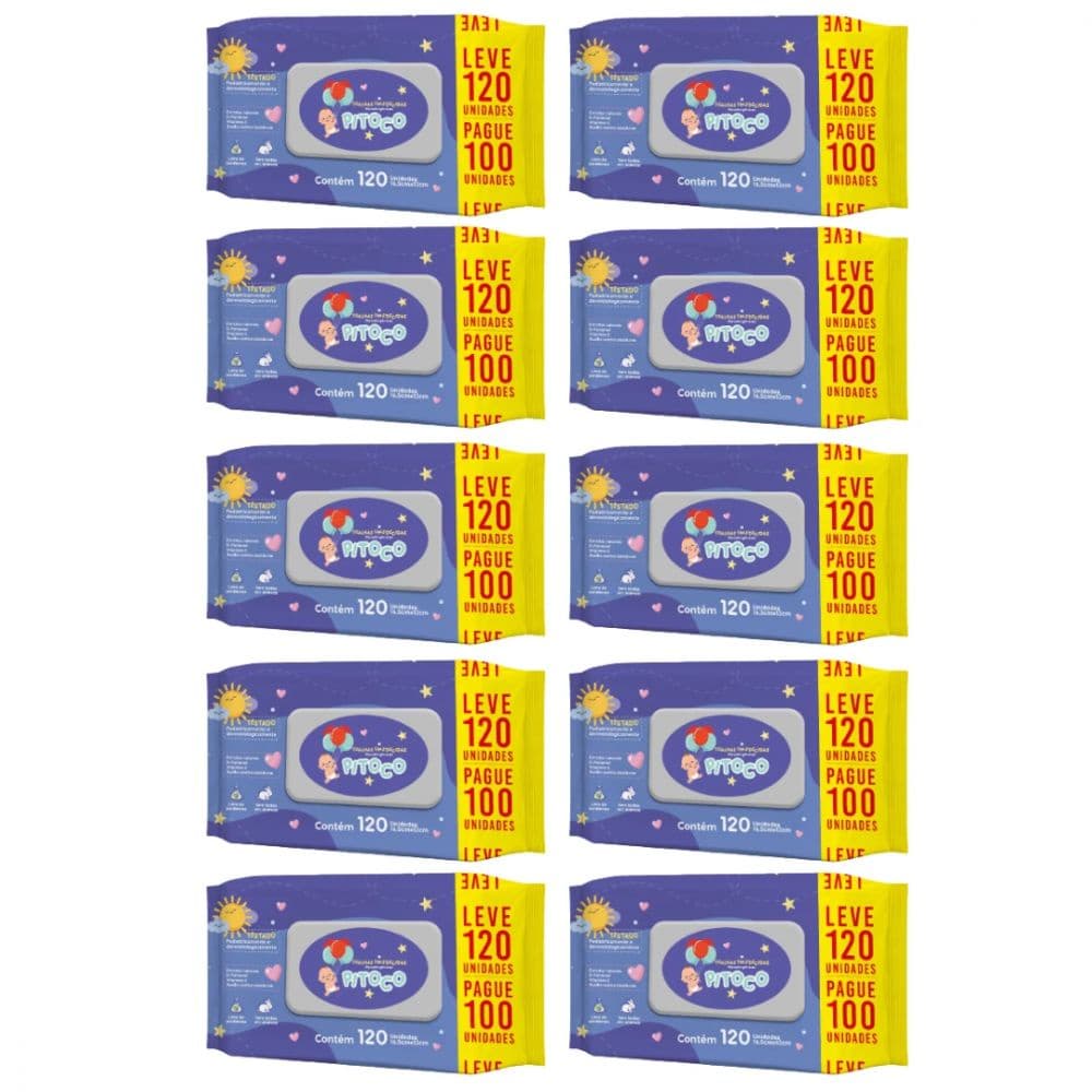 Kit C/10 Unidades Pitoco Toalhas Umedecidas 120 Unidades Hipoalergênicas Contra Assaduras