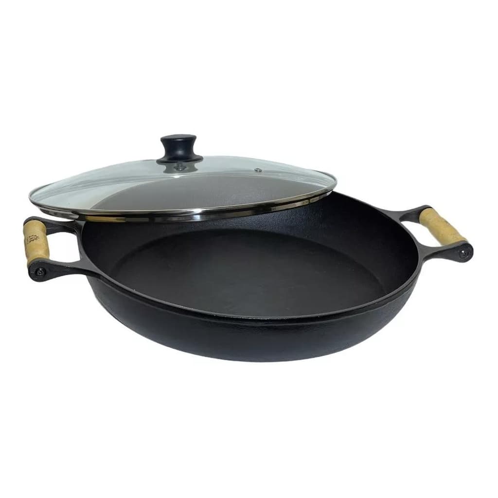 Panela De Ferro Fundido Paella Com Tampa De Vidro 36 Cm