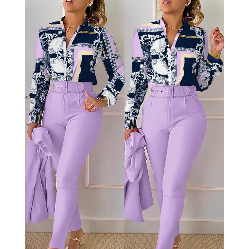 2023 Camisa Floral Feminina E Calça De Cintura Alta Conjuntos De Trabalho Feminino Verão V Pescoço Longo Manga Top Casual Fato De Duas Peças Com Cinto