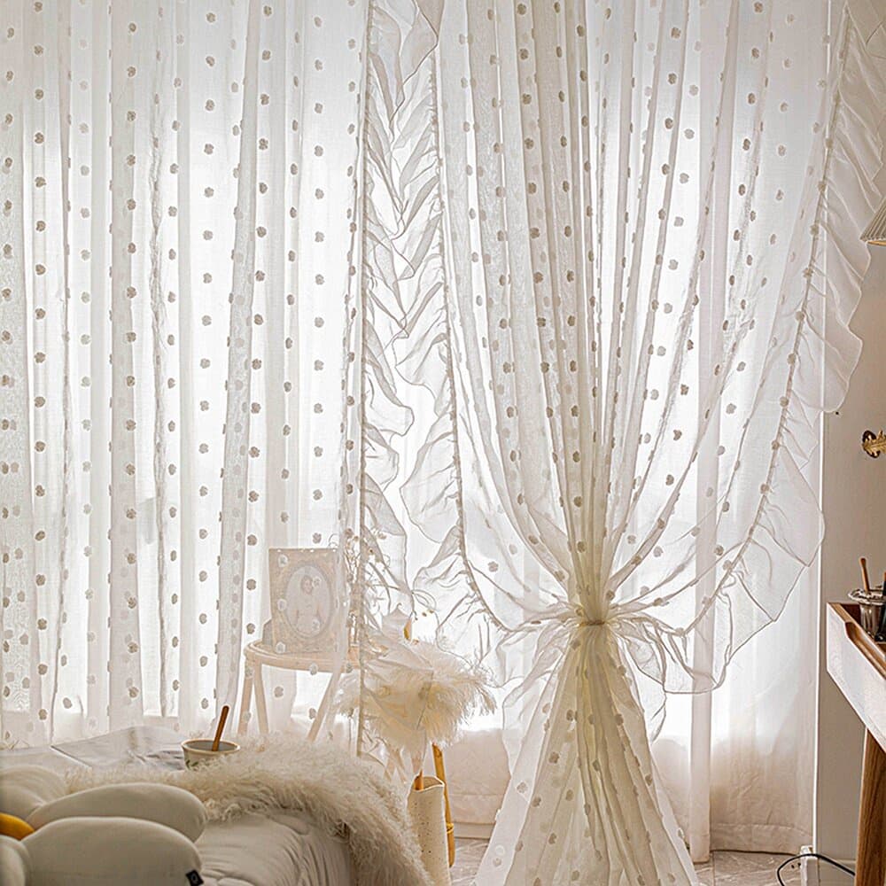 1 peça Cortinas Brancas 3D Pompom Sheer Curtains For Girls Room Vintage Ruffle Voile Drapes Filtragem Leve Cozinha Sala De Estar Linho Falso Tratamento De Janela De Casa Respirável