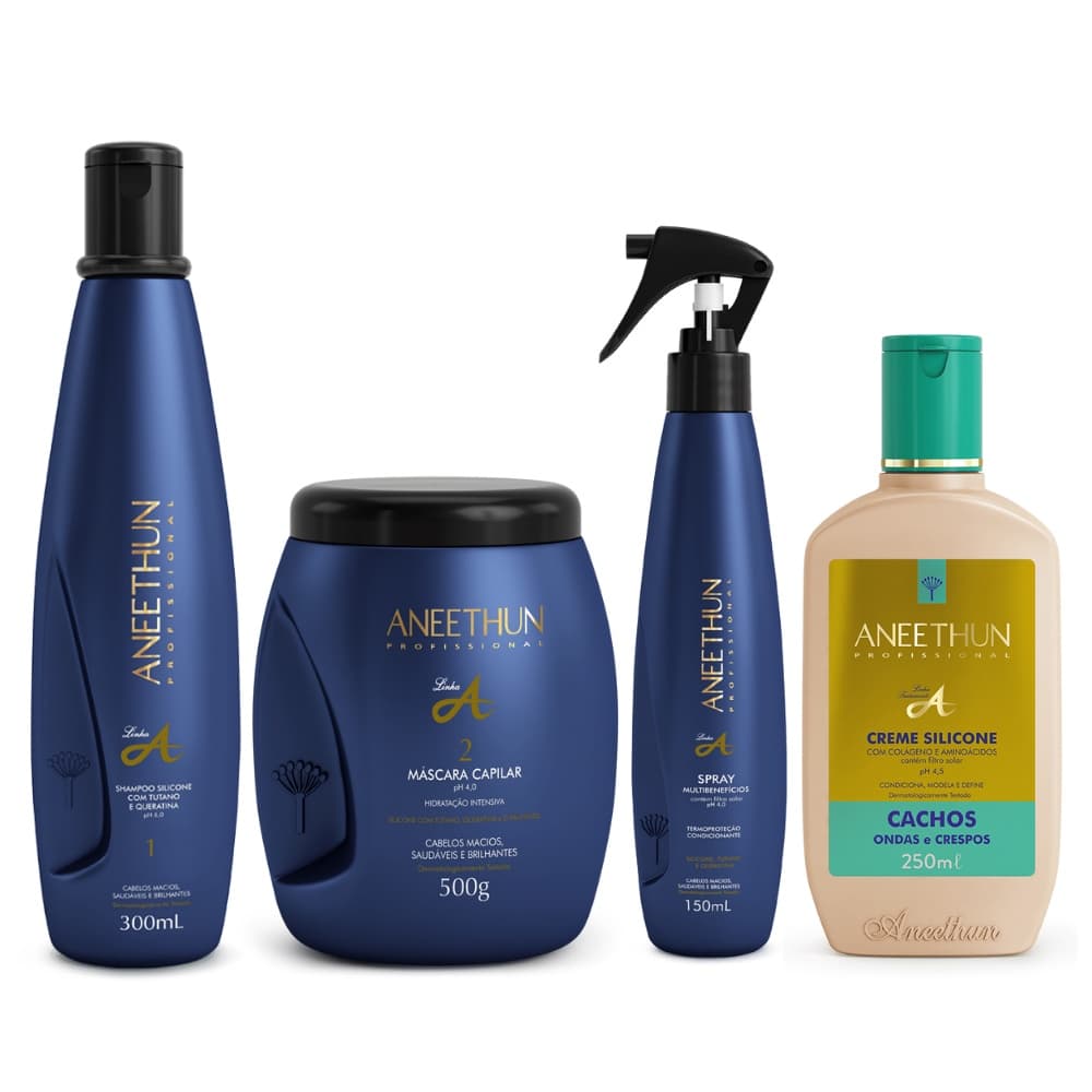 Kit Linha A Shampoo 300mL Máscara 500g Spray 150mL e Creme Silicone Cachos 250mL Aneethun