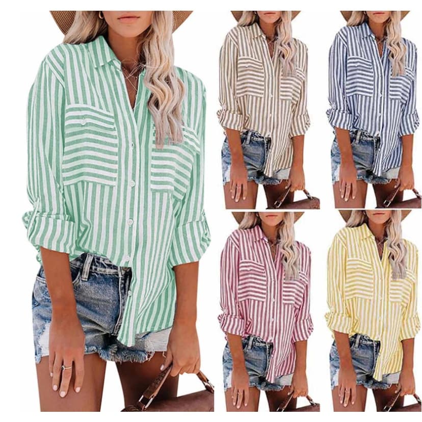 Amazon transfronteiriça europeu e americano roupas femininas primavera e verão 2023 nova Amazon algodão listrado com uma camisa de manga comprida