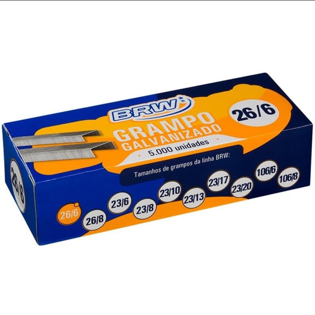 CAIXA COM 5000 GRAMPOS PARA GRAMPEADOR GALVANIZADO NÃO ENFERRUJA TAMANHO 26/6 BRW