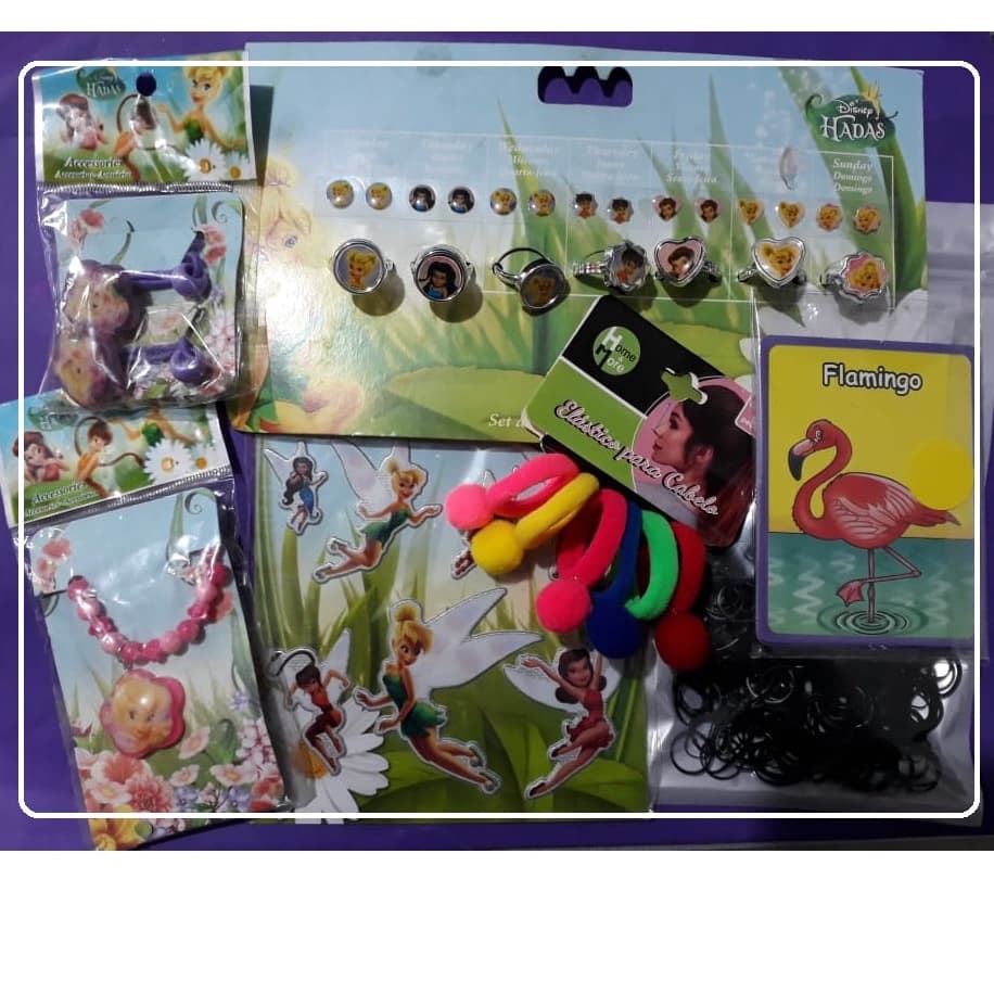 Kit Acessórios Fadas Disney Anel Brinco Elástico Adesivos 3D